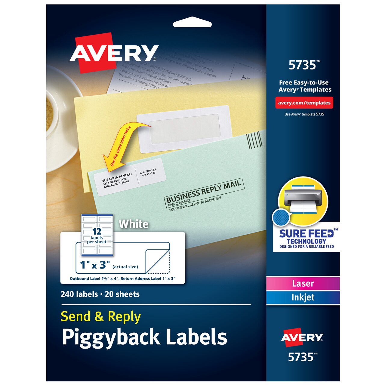 Avery Send & Reply Piggyback Mailing Labels, Sure Feed Technology, 1-5/8" x 4" Outer, 1" x 3" Inner, 240 Labels (5735)